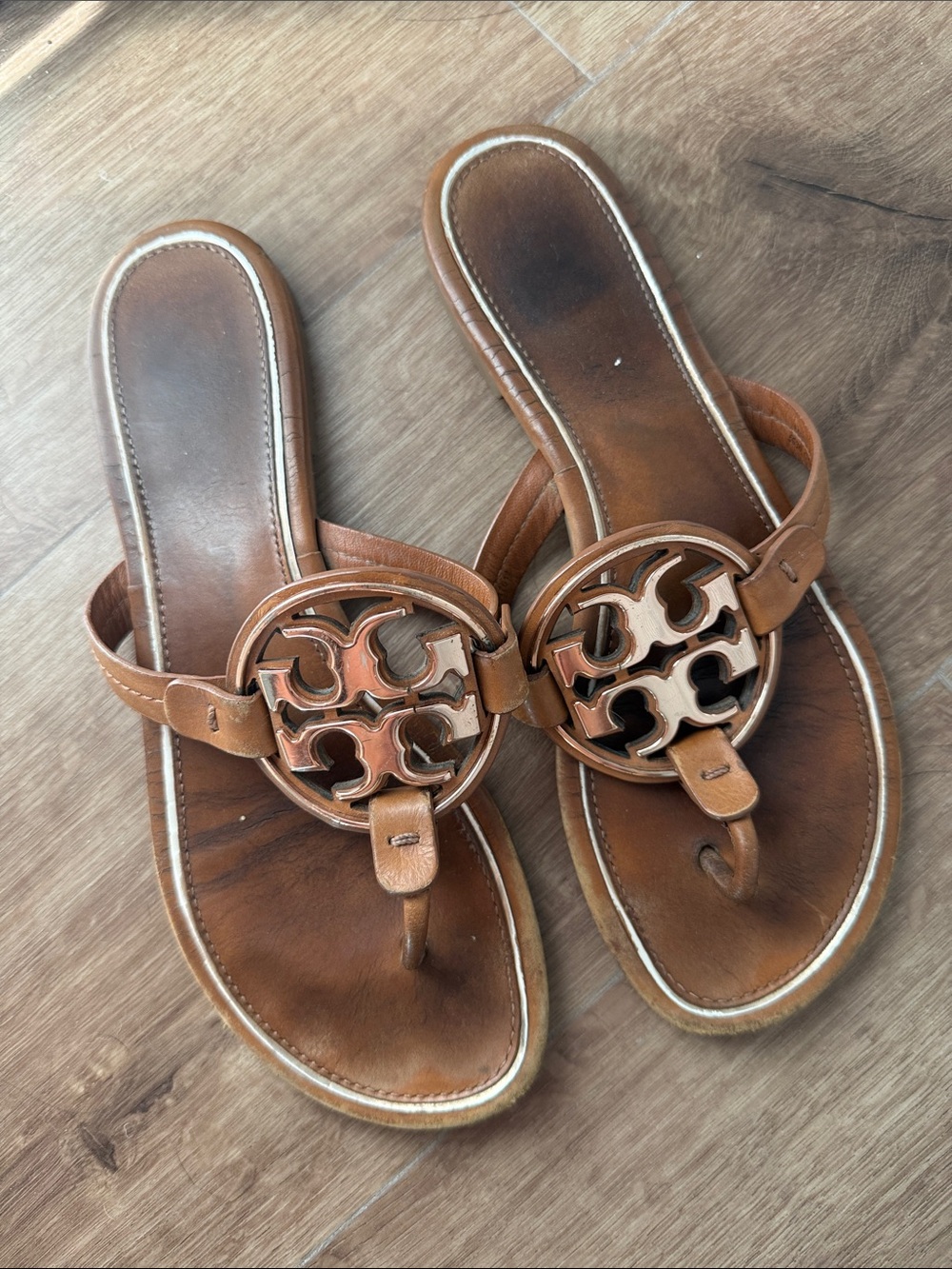 Tory Burch Brown Leather Logo Toe-Post Sandals